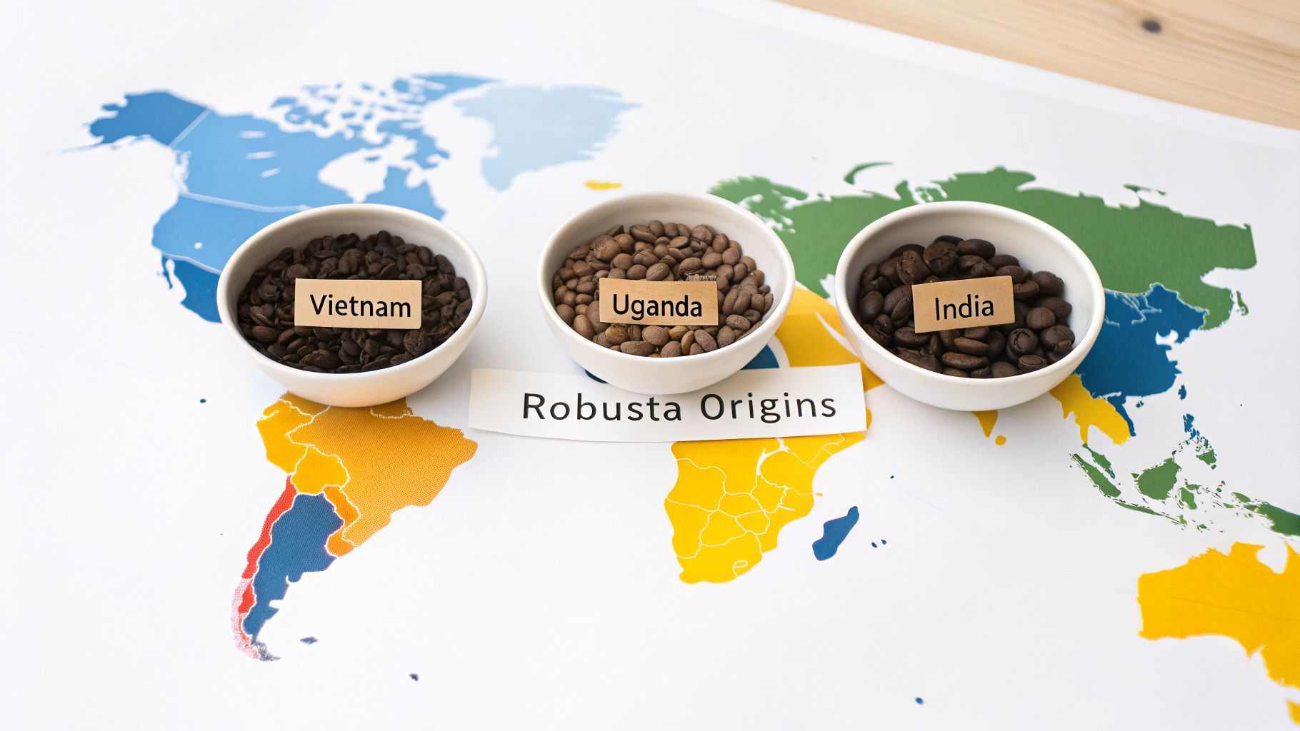 Three bowls of Robusta coffee beans from Vietnam, Uganda, and India displayed on a world map.