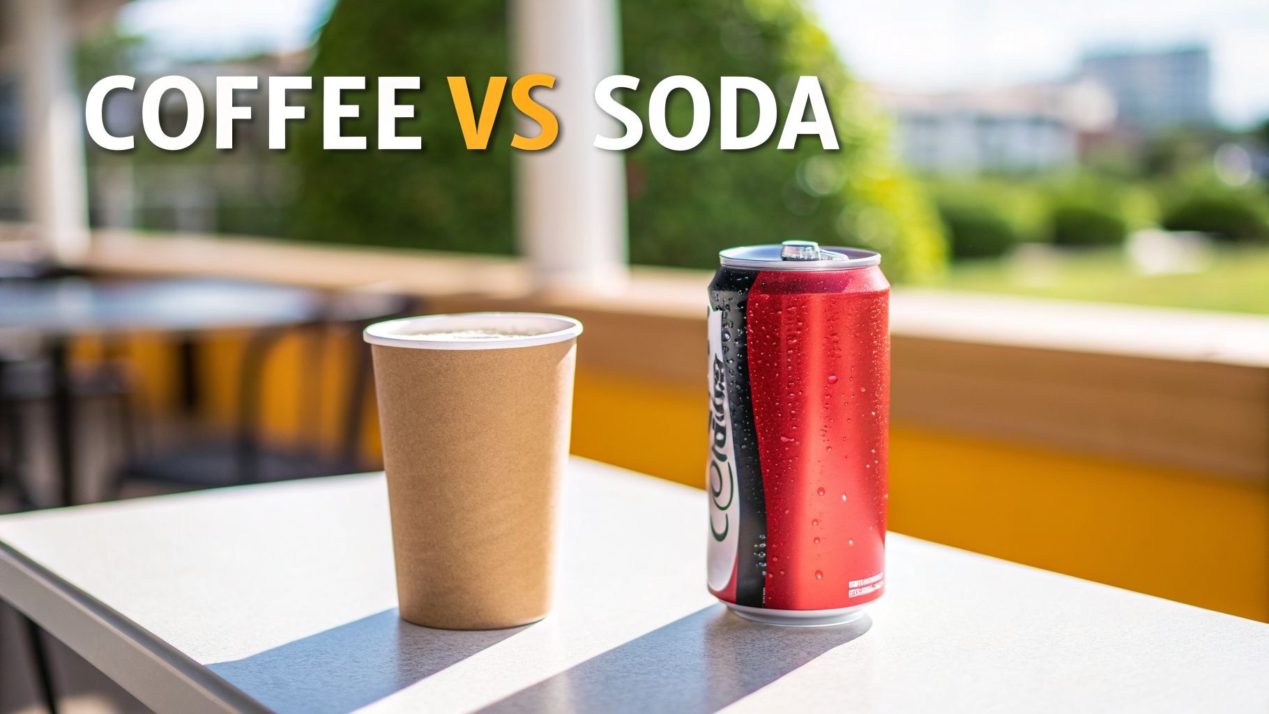 A brown paper coffee cup sits next to a cold red and black soda can on a sunny table.