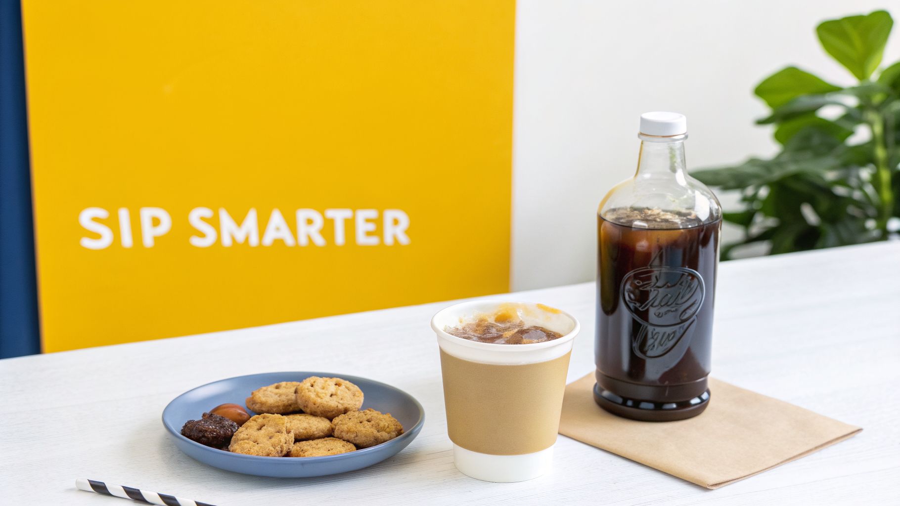 An iced coffee in a bottle and a cup with cookies on a plate, next to a 'SIP SMARTER' sign.