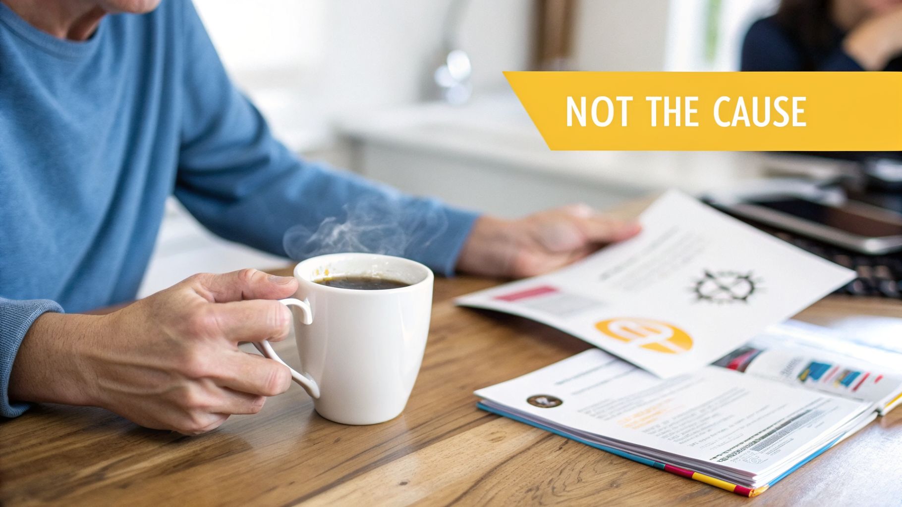 Person holding a steaming coffee mug while reading documents on a wooden table, with a banner saying 'NOT THE CAUSE'.