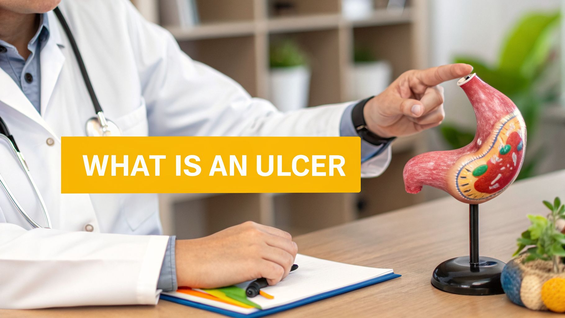 A medical professional explains what an ulcer is, pointing to an anatomical stomach model.