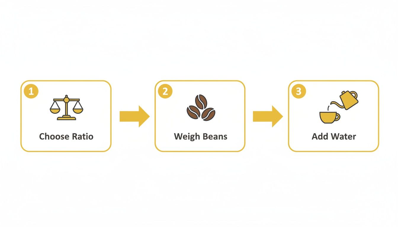 Three-step visual guide showing how to prepare coffee: choose ratio, weigh beans, add water.